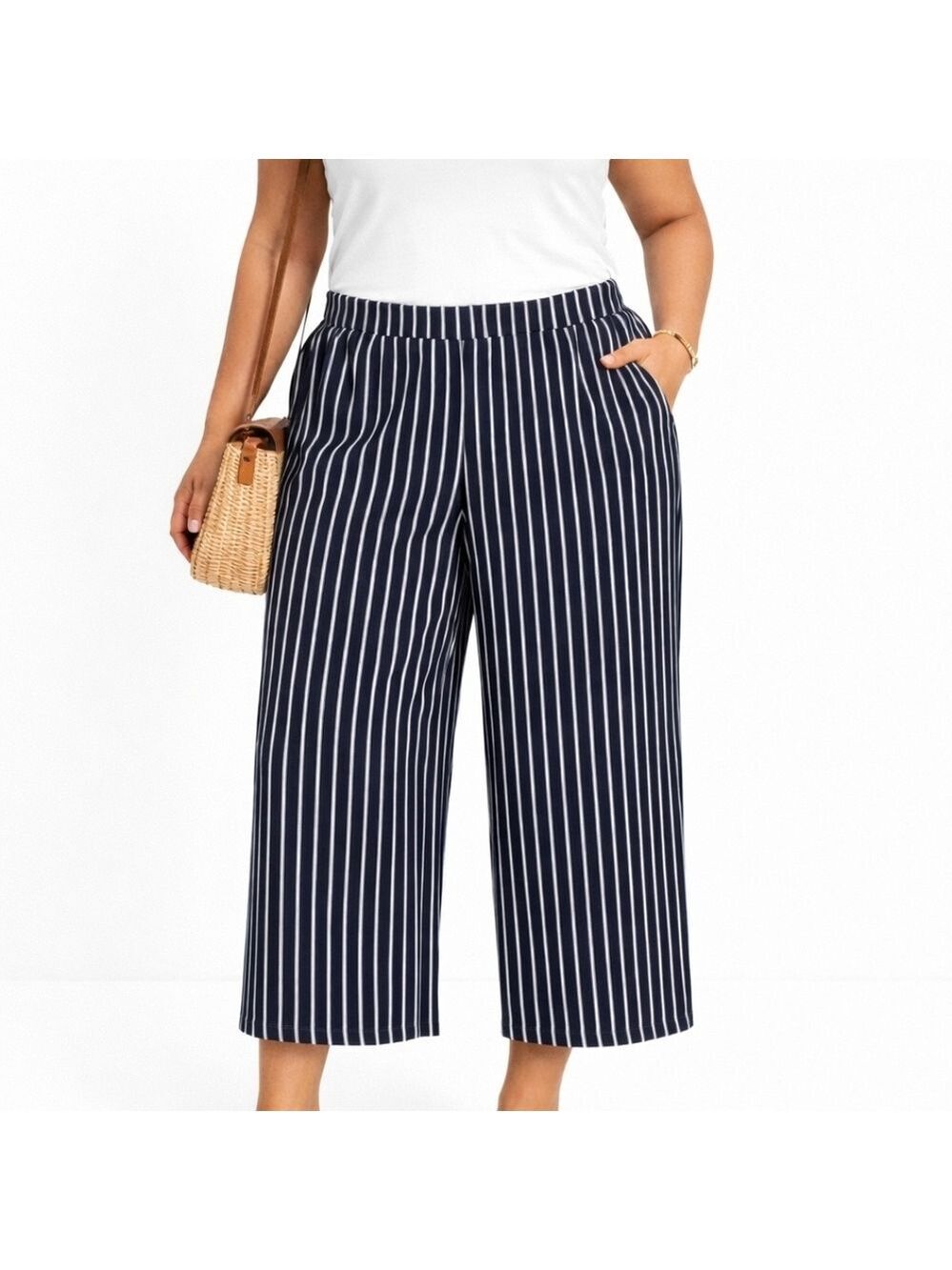 Signature Collection Navy White Striped Wide Leg Pants 1X Pull On Elastic Waist